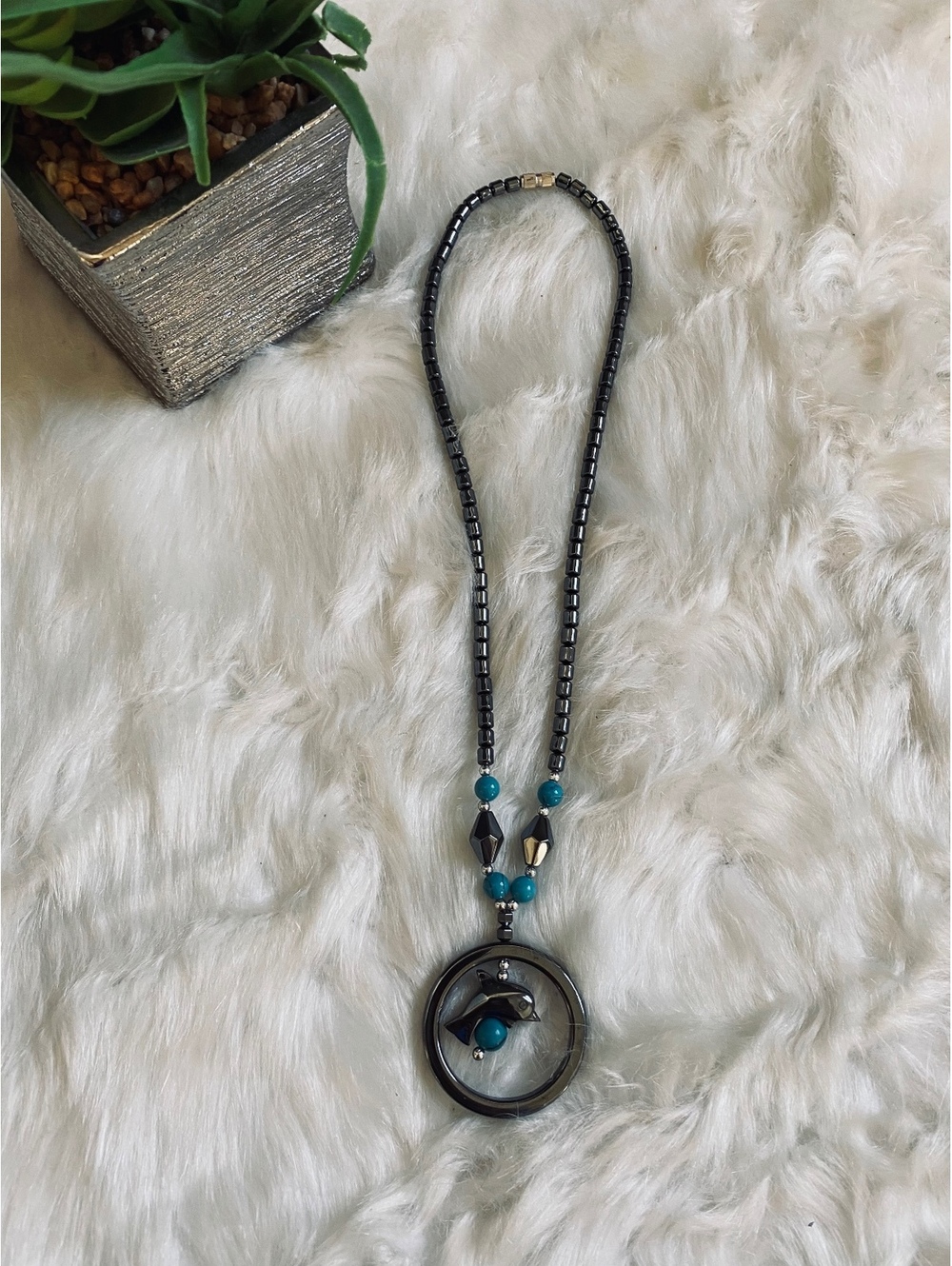 Dolphine Style Hematite and Turquoise Beaded Necklace